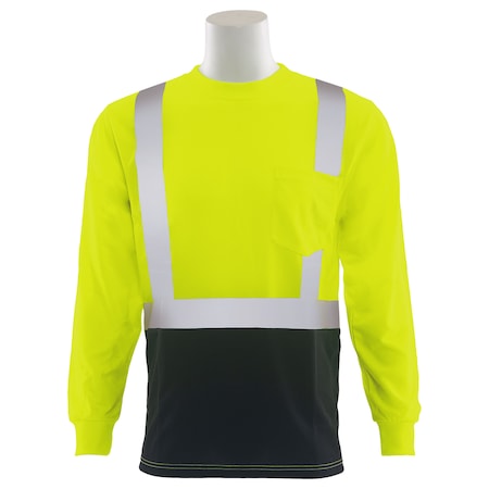 Deltaplus Hi-Vis Long Sleeve Shirt w/ Black Bottom, 2, Polyester Birdseye Knit Mesh, Hi Viz Lime & Black, M 62414